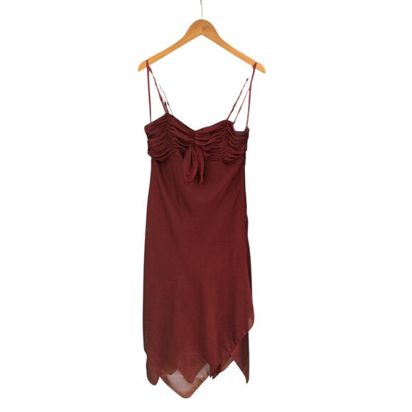 Eva Blue Burgundy Asymmetrical Slip Dress | Ruched Tie Bust Satin Midi Dress | R - Picture 3 of 10